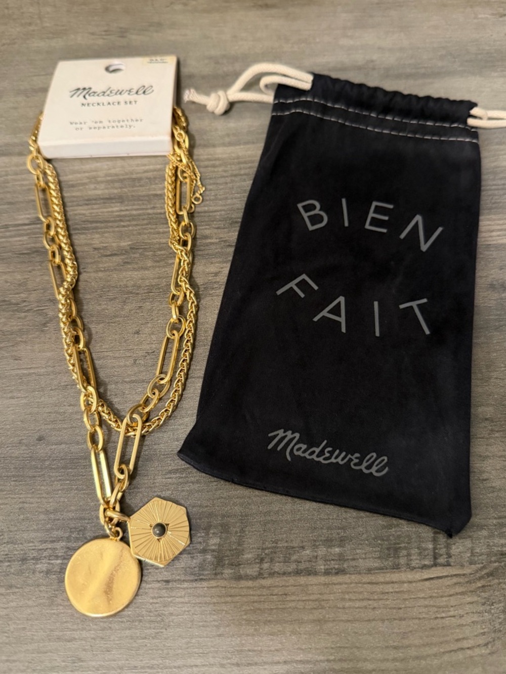 Madewell Necklace Set New on Card with dust Bag! #A113 gold tone